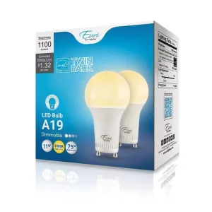 11W A19 Dimmable LED Bulb - 220 Degree Beam - GU24 Base - 1100 Lm - 2-Pack