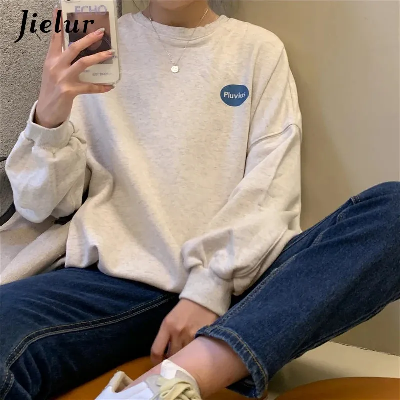 Autumn Style Korean Loose Long-sleeved Letter Printed O-neck Sweatshirt Women Leisure Oatmeal Hoodies Young Pullovers