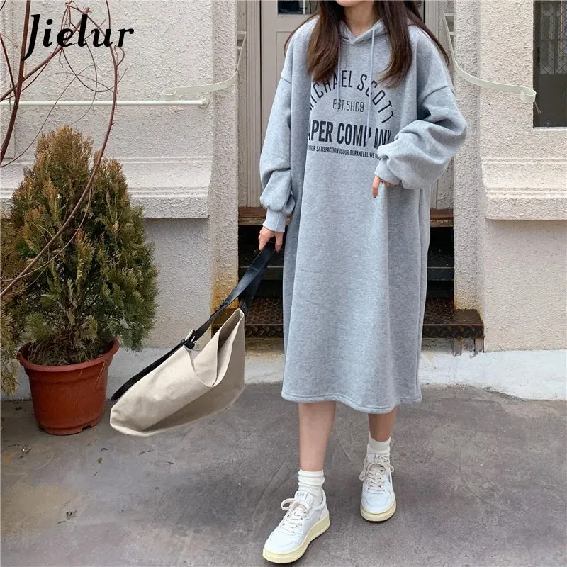 Black Long Sleeve Hooded Letter Print Sweatshirts Women Warm Gray Streetwear Hoodies Female Casual Sweatshirt Winter