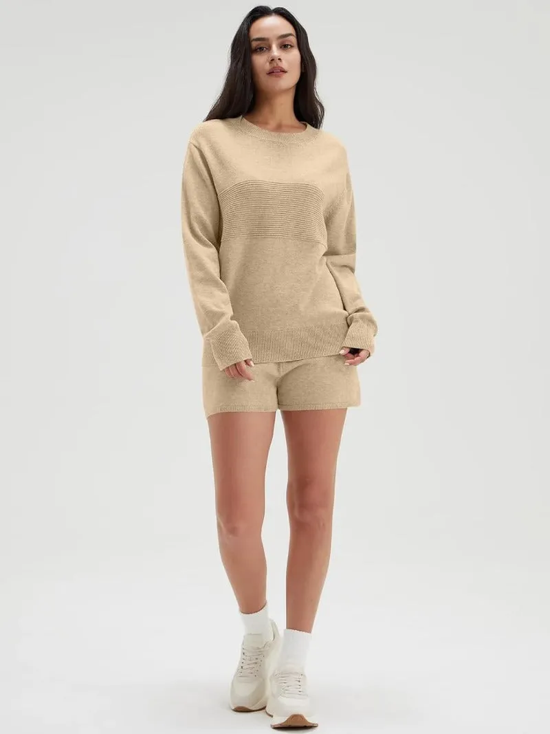 Casual Knit Pullover & Shorts Set - Long Sleeve Loungewear