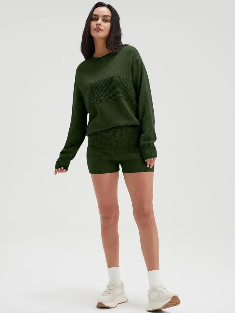 Casual Knit Pullover & Shorts Set - Long Sleeve Loungewear