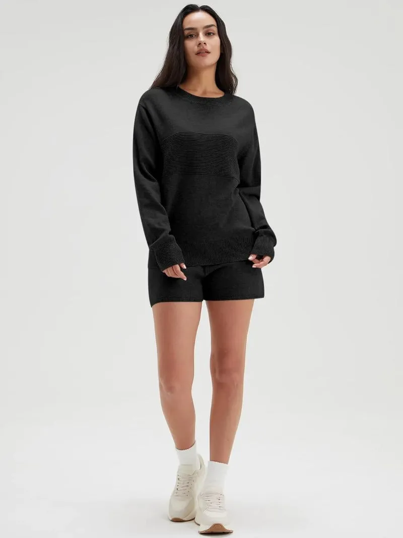 Casual Knit Pullover & Shorts Set - Long Sleeve Loungewear