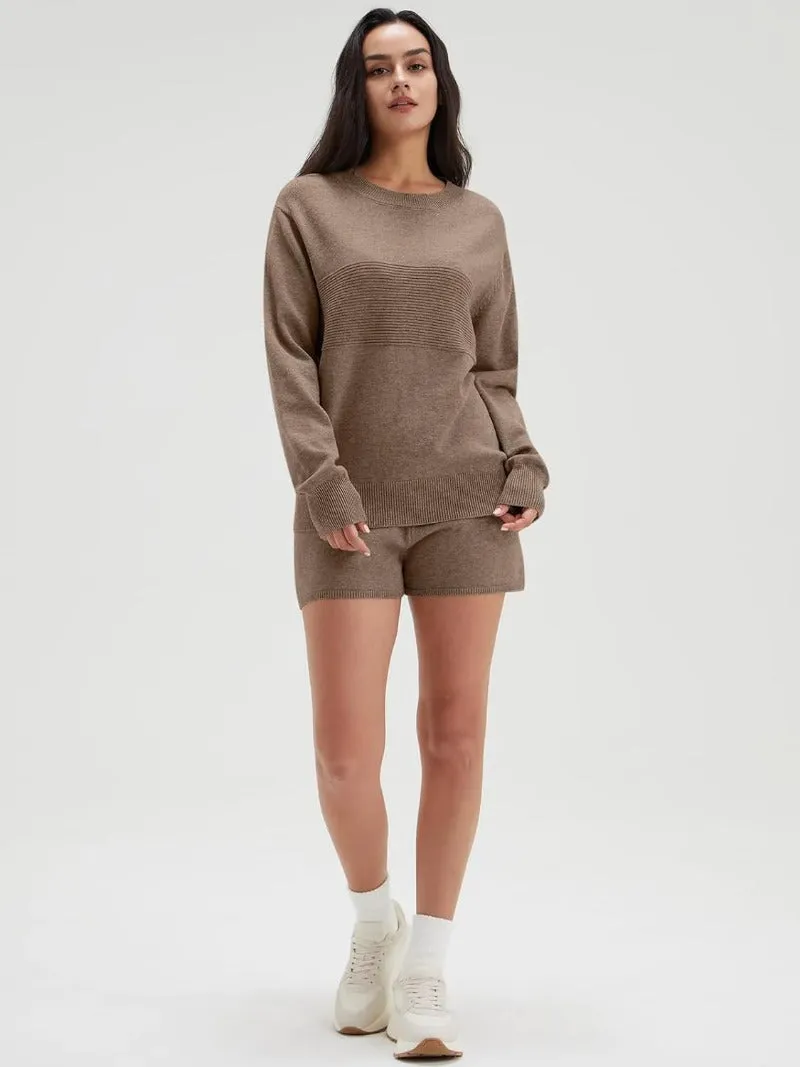 Casual Knit Pullover & Shorts Set - Long Sleeve Loungewear