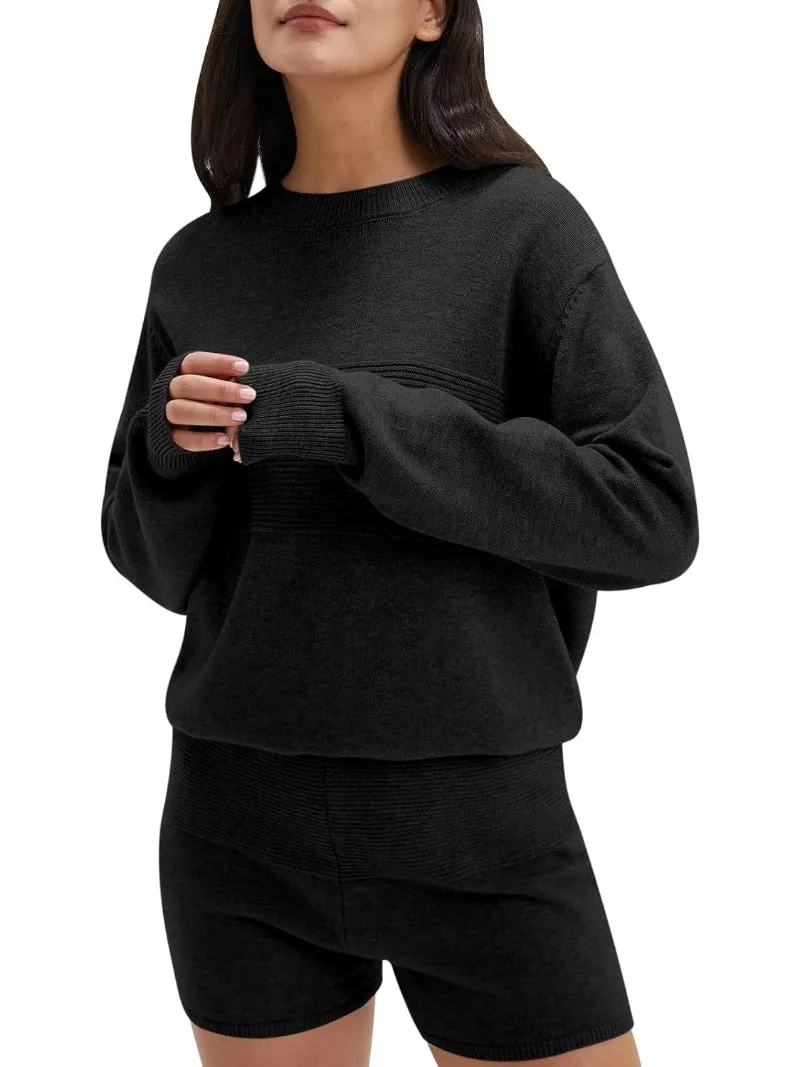 Casual Knit Pullover & Shorts Set - Long Sleeve Loungewear