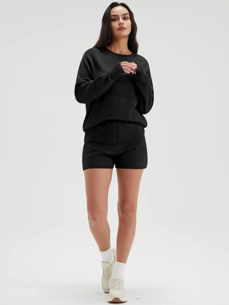 Casual Knit Pullover & Shorts Set - Long Sleeve Loungewear