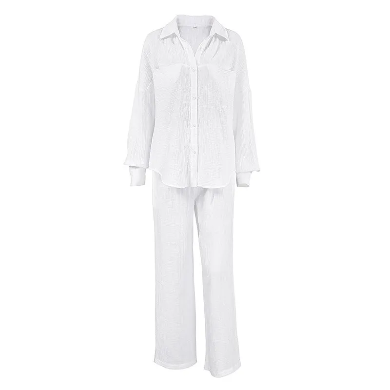 Cozy Cotton Gauze Pocket Trim Buttoned Blouse Wide Leg Pants Lounge Set