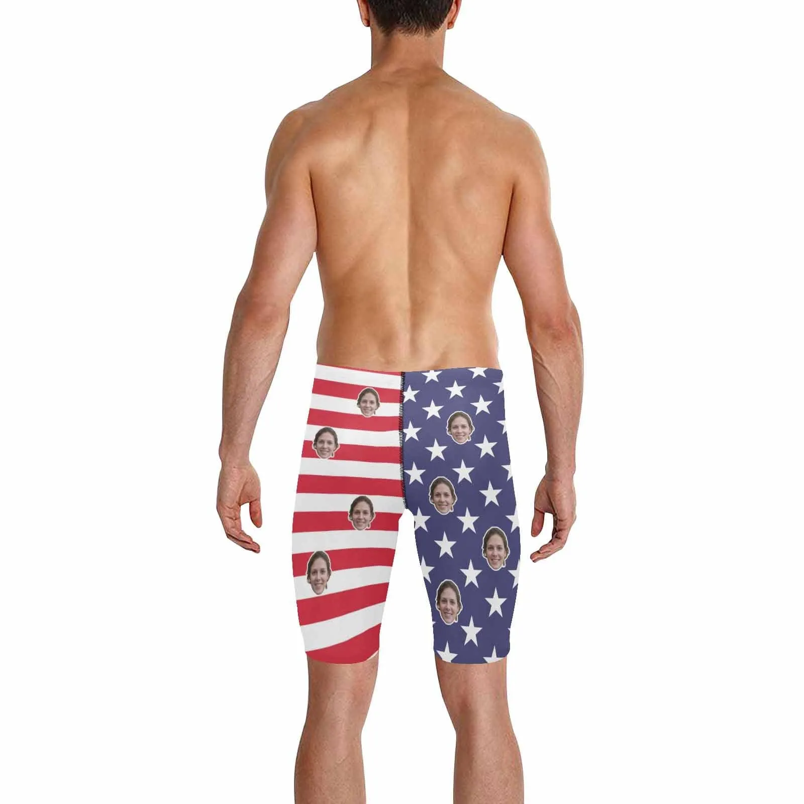 Custom Face American Flag Men's Knee Surf Shorts Rash Guard Swim Trunks Mens Personalized Swimsuit Bathing Suit With Girlfriend's Face on