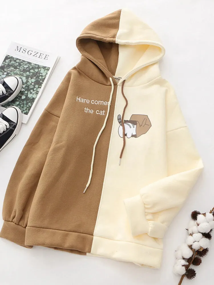 Fleece Women Hooded Sweatshirt Harajuku Cartoon Print And Letter Embroidery Casual Hoodies Winter Full Sleeve Warm Top