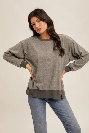 Gray Relaxed Fit Velour Slit Hem Pullover