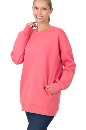 Long Sleeve Round Neck Sweatshirt Side Pockets