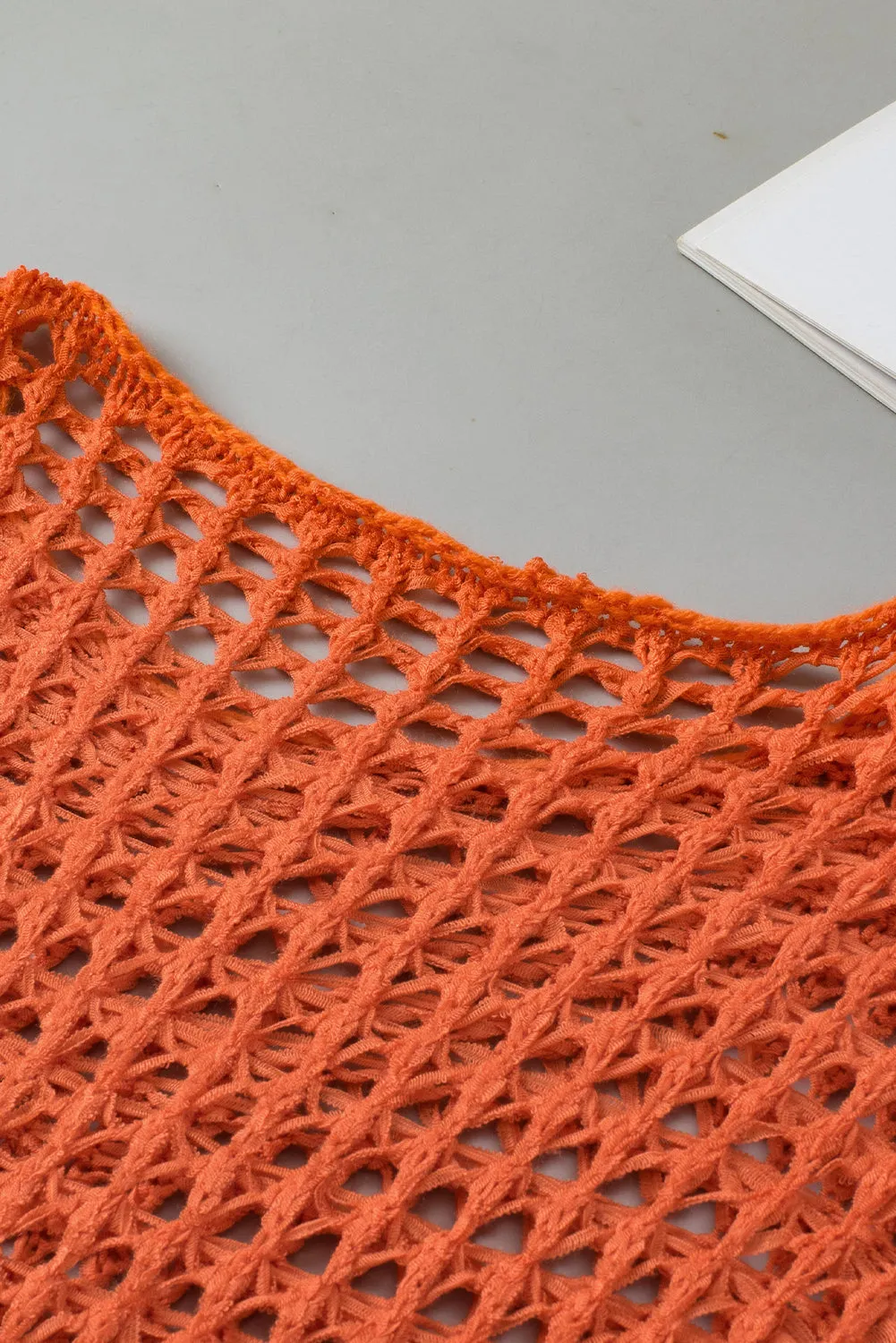 Orange Open Knit Crochet Bell Sleeve Tunic Sweater