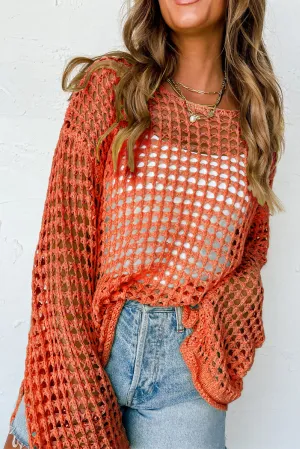 Orange Open Knit Crochet Bell Sleeve Tunic Sweater