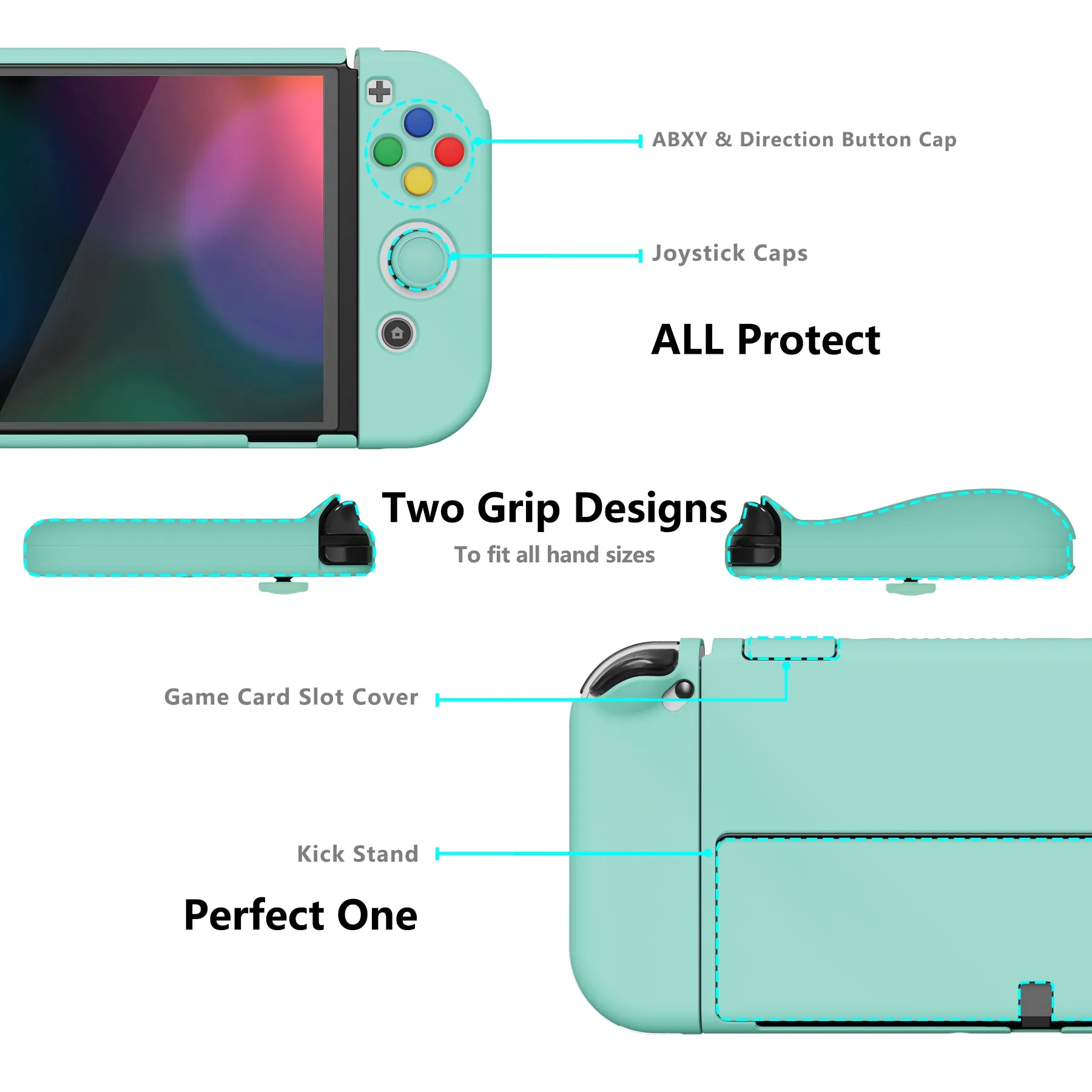 PlayVital AlterGrips Protective Slim Case for Nintendo Switch OLED, Ergonomic Grip Cover for Joycon, Dockable Hard Shell for Switch OLED w/Thumb Grip Caps & Button Caps - Misty Green - JSOYP3009