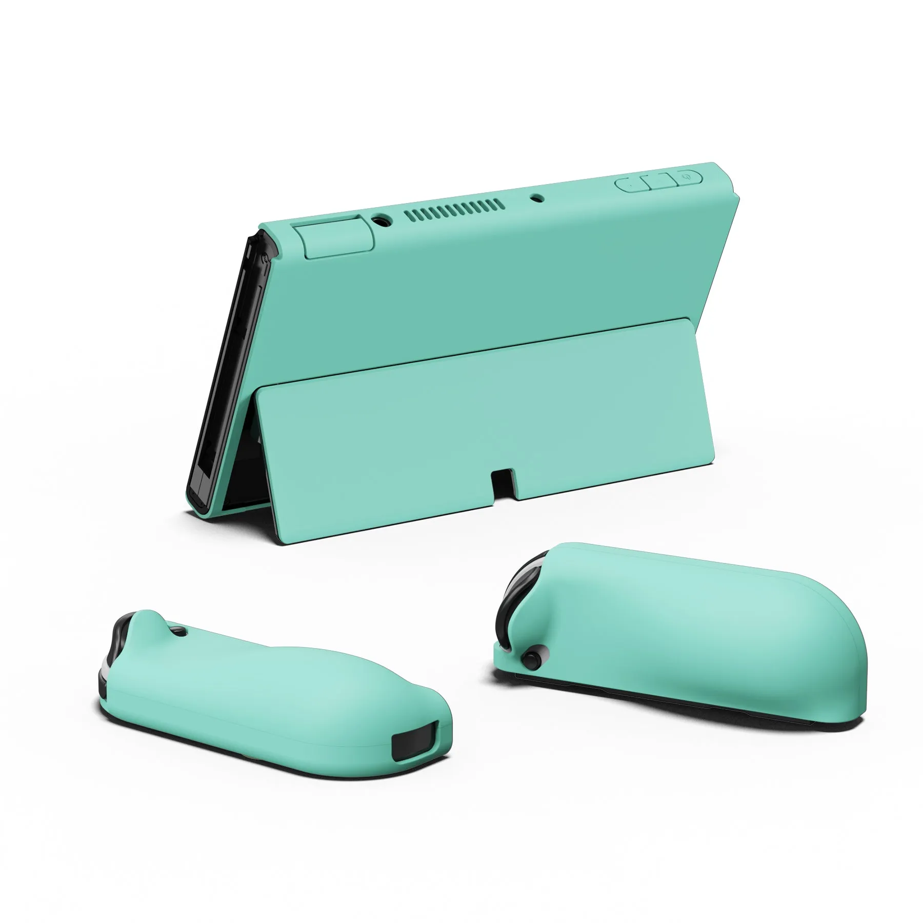 PlayVital AlterGrips Protective Slim Case for Nintendo Switch OLED, Ergonomic Grip Cover for Joycon, Dockable Hard Shell for Switch OLED w/Thumb Grip Caps & Button Caps - Misty Green - JSOYP3009