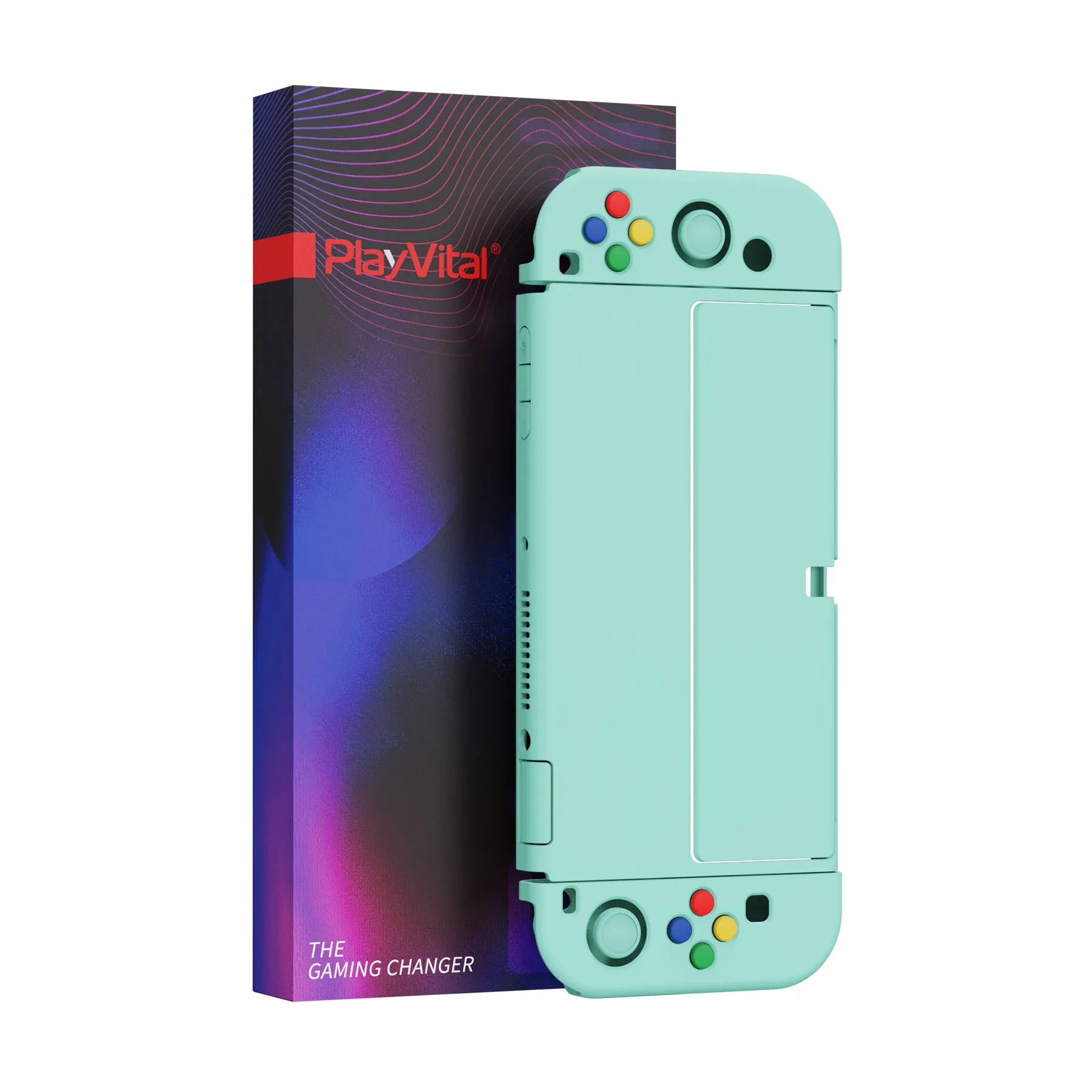 PlayVital AlterGrips Protective Slim Case for Nintendo Switch OLED, Ergonomic Grip Cover for Joycon, Dockable Hard Shell for Switch OLED w/Thumb Grip Caps & Button Caps - Misty Green - JSOYP3009