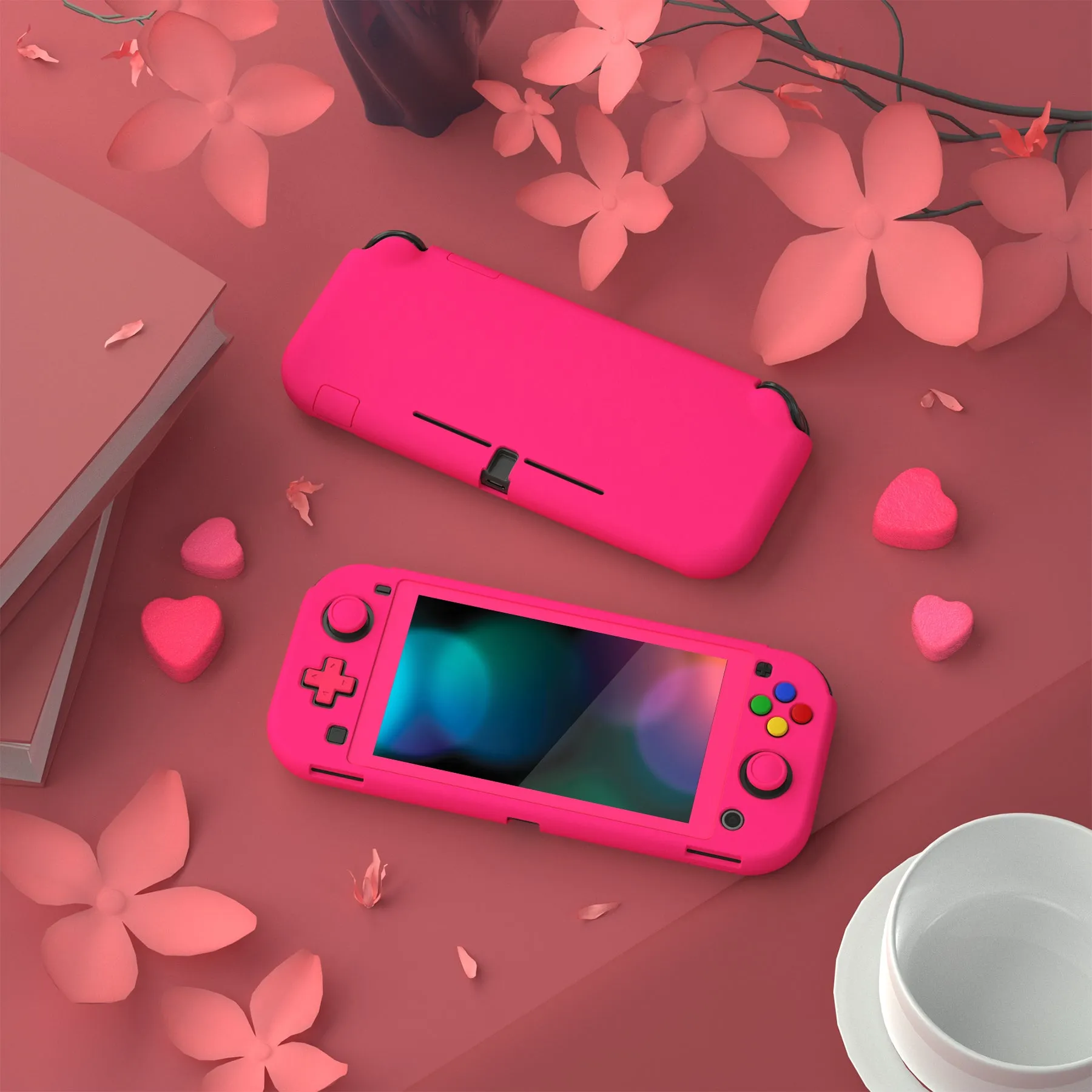 PlayVital Customized Protective Grip Case for NS Switch Lite, Bright Pink Hard Cover Protector for NS Switch Lite - 1 x Black Border Tempered Glass Screen Protector Included - YYNLP008