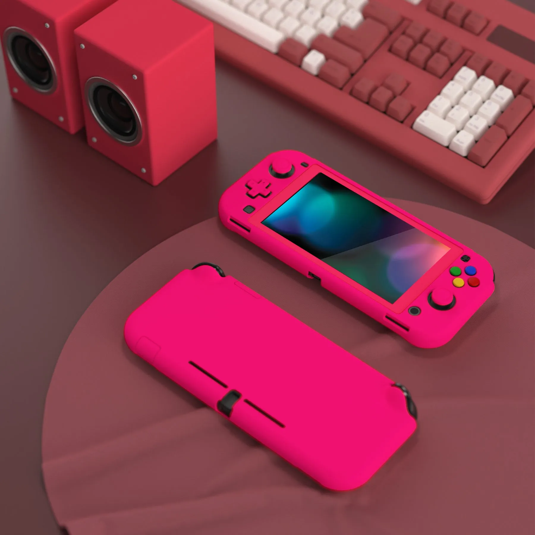 PlayVital Customized Protective Grip Case for NS Switch Lite, Bright Pink Hard Cover Protector for NS Switch Lite - 1 x Black Border Tempered Glass Screen Protector Included - YYNLP008