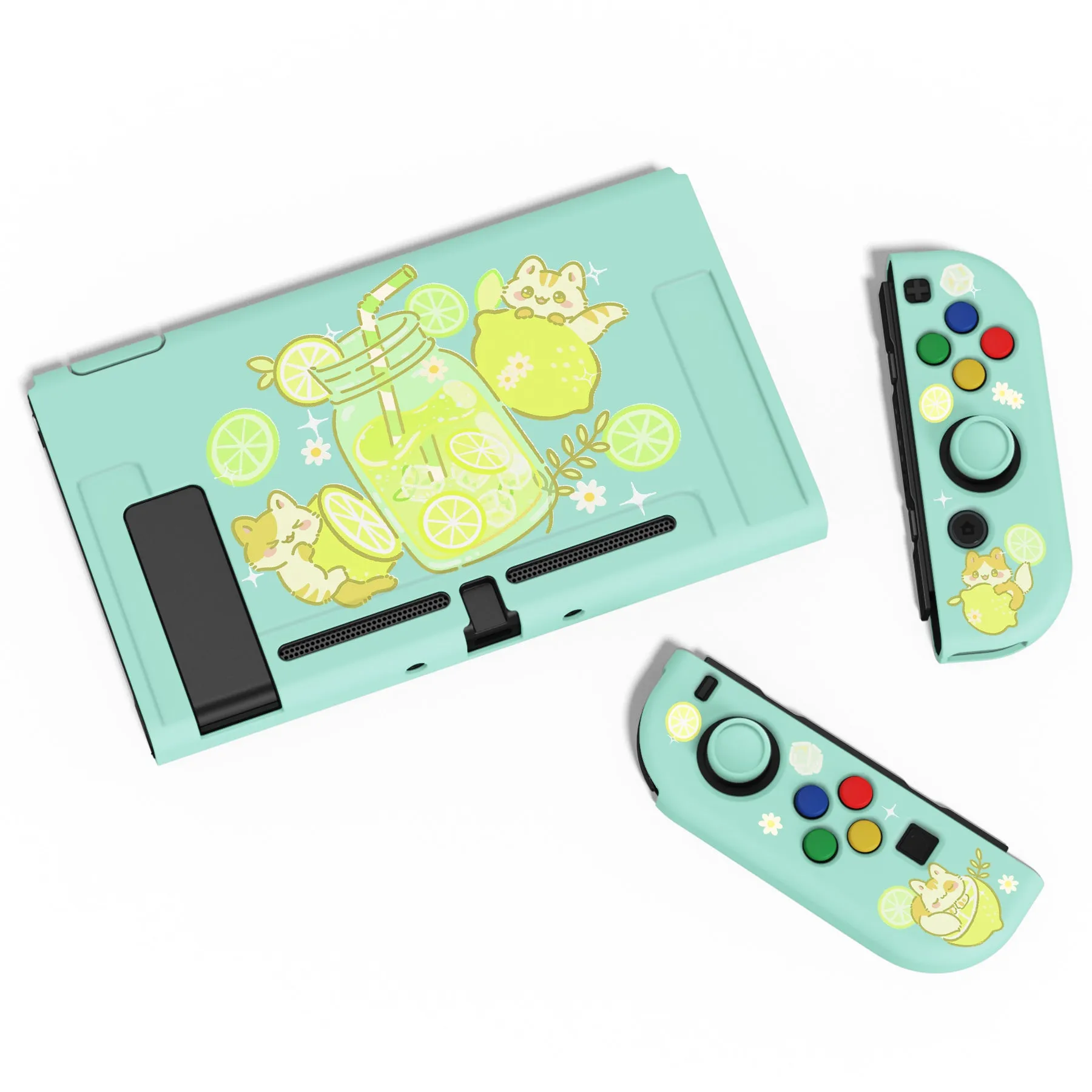 PlayVital ZealProtect Soft Protective Case for Nintendo Switch, Flexible Cover for Switch with Tempered Glass Screen Protector & Thumb Grips & ABXY Direction Button Caps - Lemonade Kitty - RNSYV6046