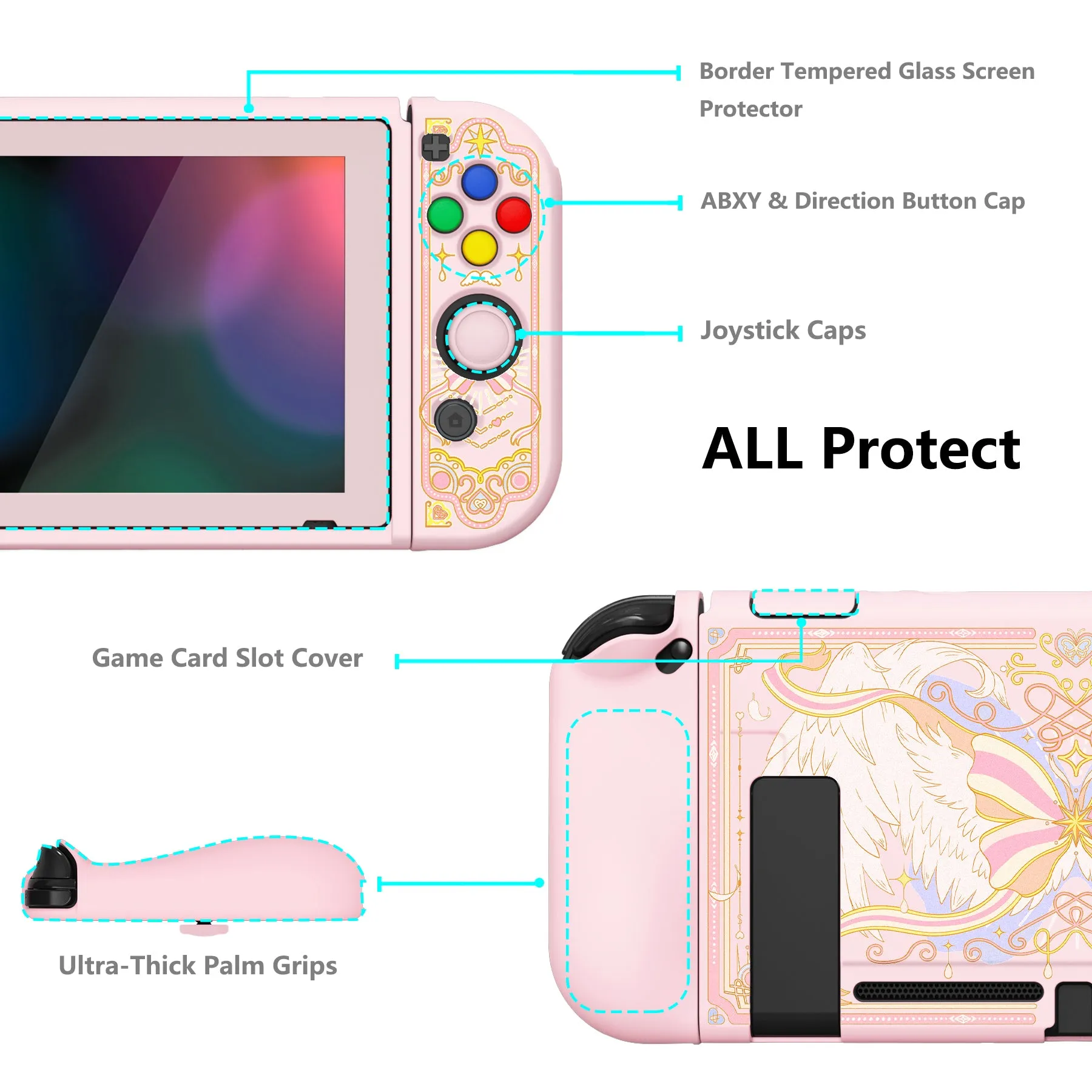 PlayVital ZealProtect Soft Protective Case for Nintendo Switch, Flexible Cover for Switch with Tempered Glass Screen Protector & Thumb Grips & ABXY Direction Button Caps - Magic Wings - RNSYV6054