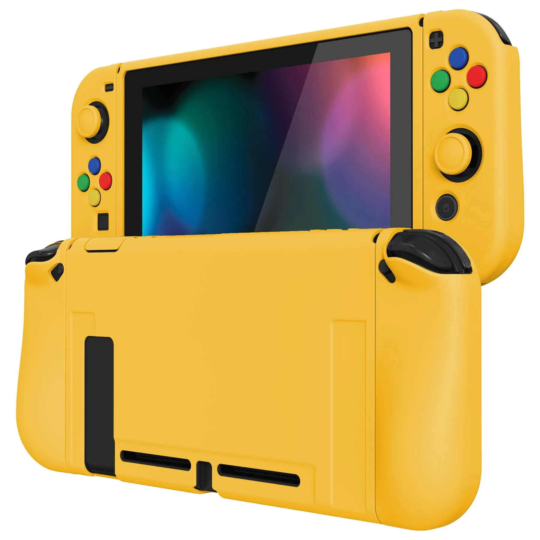 PlayVital ZealProtect Soft Protective Case for Nintendo Switch, Flexible Cover Protector for Nintendo Switch with Tempered Glass Screen Protector & Thumb Grip Caps & ABXY Direction Button Caps - Bright Yellow - RNSYM5009