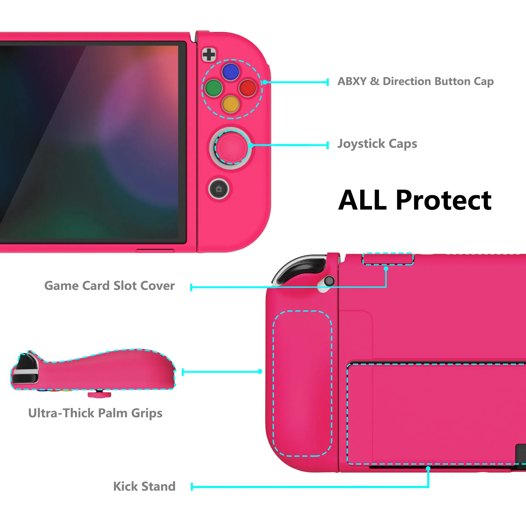 PlayVital ZealProtect Soft Protective Case for Nintendo Switch OLED, Flexible Protector Joycon Grip Cover for Nintendo Switch OLED with Thumb Grip Caps & ABXY Direction Button Caps - Bright Pink - XSOYM5012