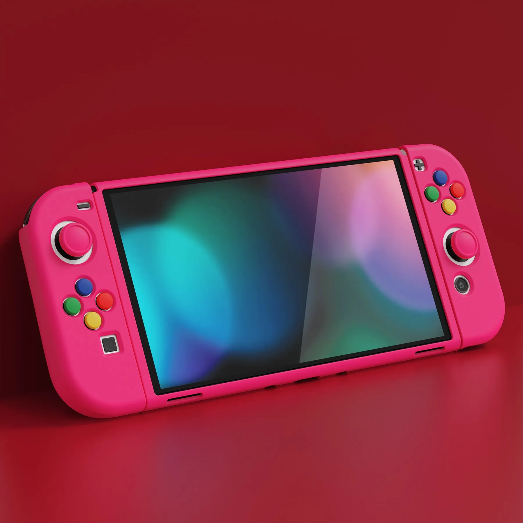 PlayVital ZealProtect Soft Protective Case for Nintendo Switch OLED, Flexible Protector Joycon Grip Cover for Nintendo Switch OLED with Thumb Grip Caps & ABXY Direction Button Caps - Bright Pink - XSOYM5012