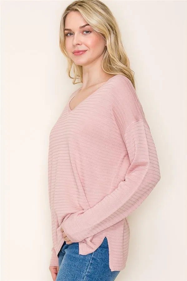 Rose Ribbed Vneck Pullover