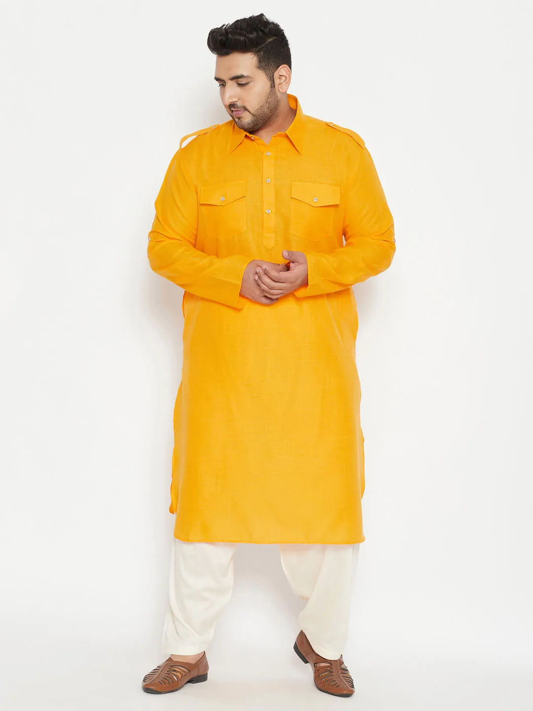 VASTRAMAY Men's Mustard Cotton Pathani Kurta