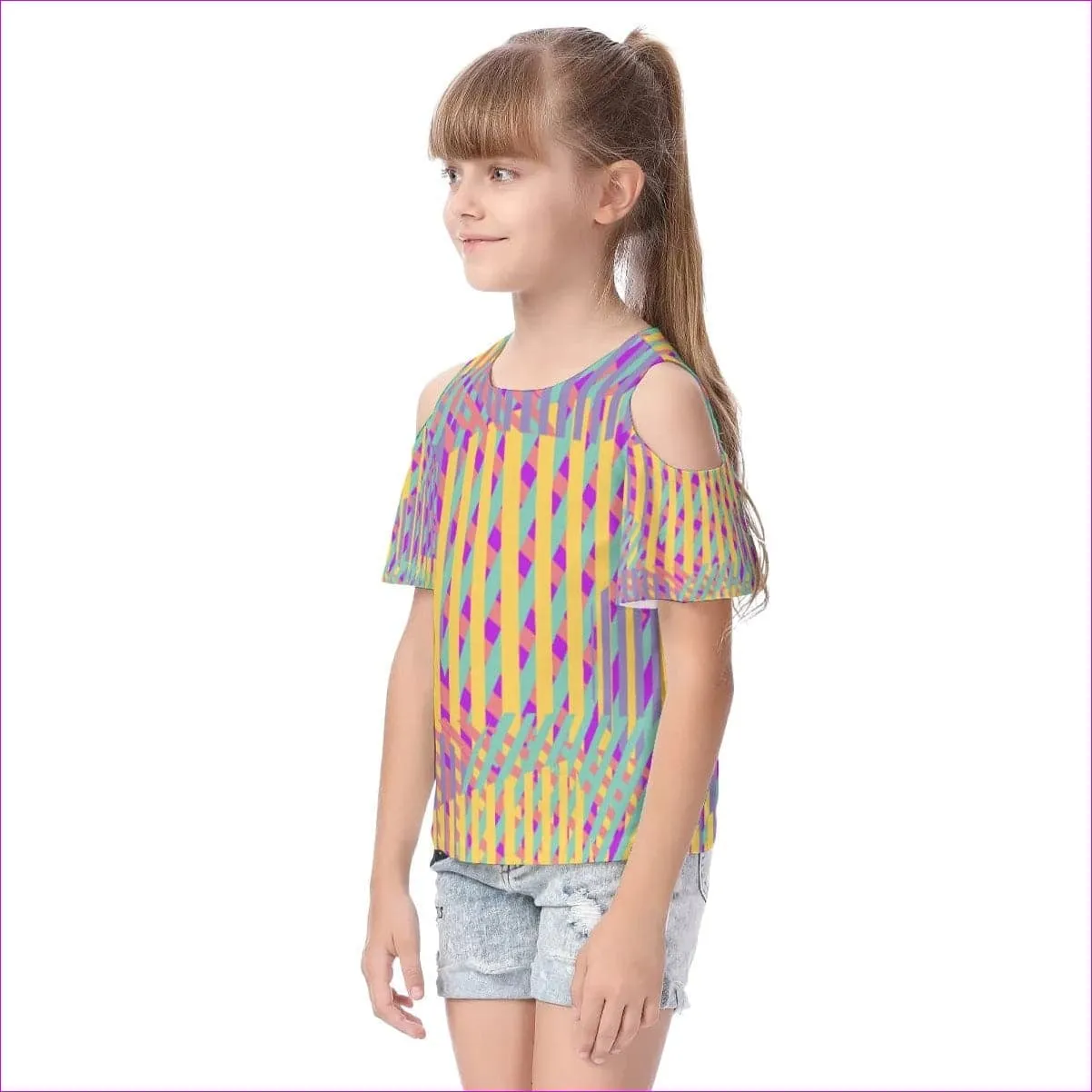 Vivid Weaved Kids Cold Shoulder T-shirt With Ruffle Sleeves