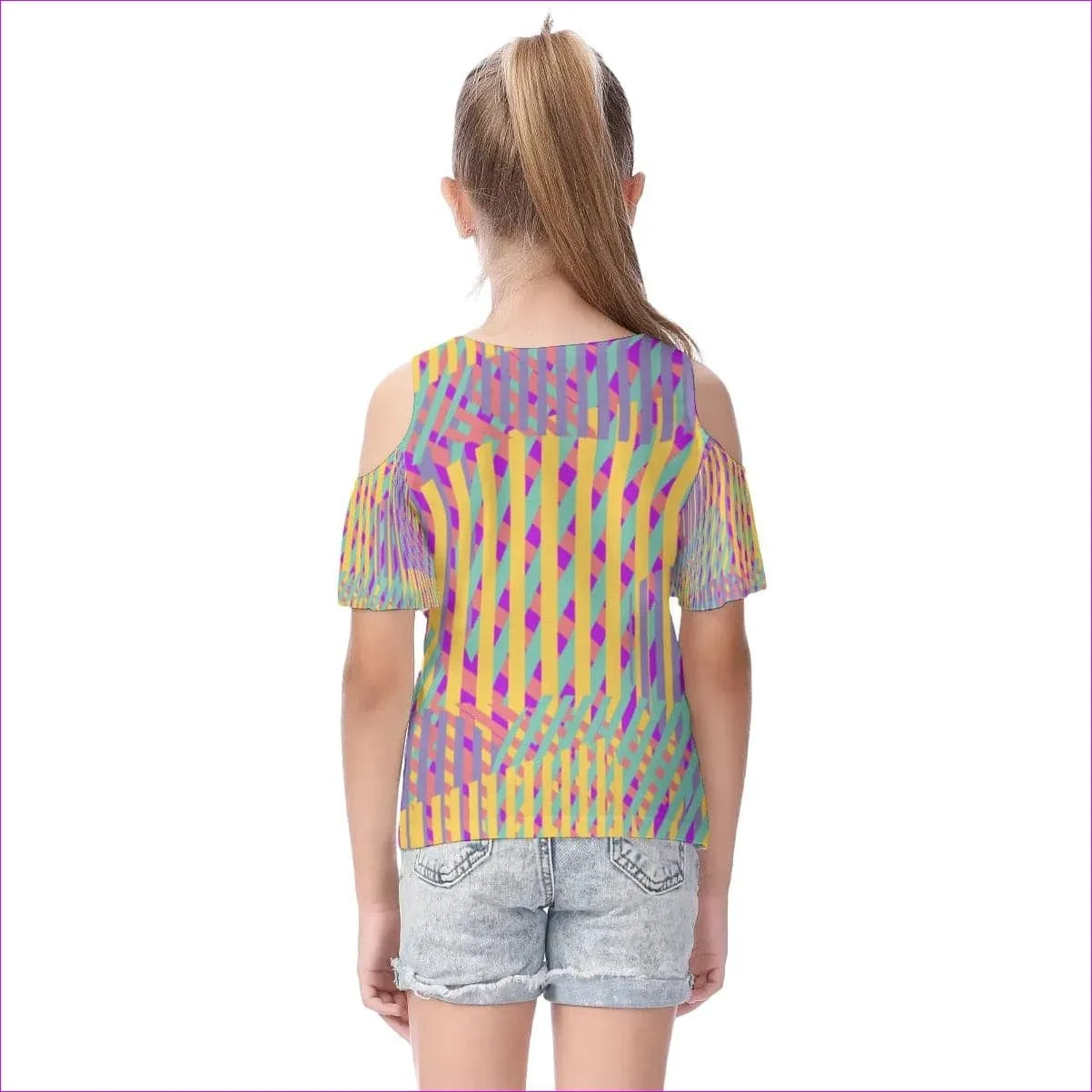 Vivid Weaved Kids Cold Shoulder T-shirt With Ruffle Sleeves