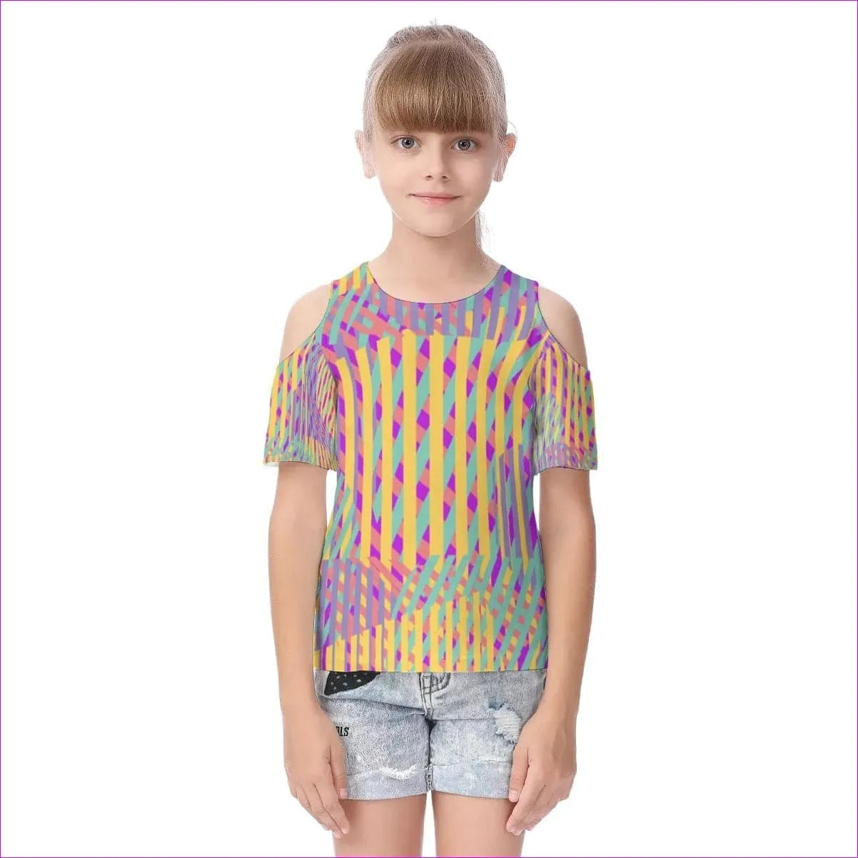 Vivid Weaved Kids Cold Shoulder T-shirt With Ruffle Sleeves