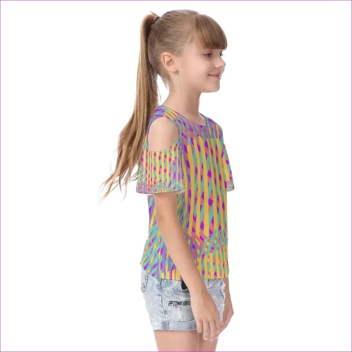 Vivid Weaved Kids Cold Shoulder T-shirt With Ruffle Sleeves