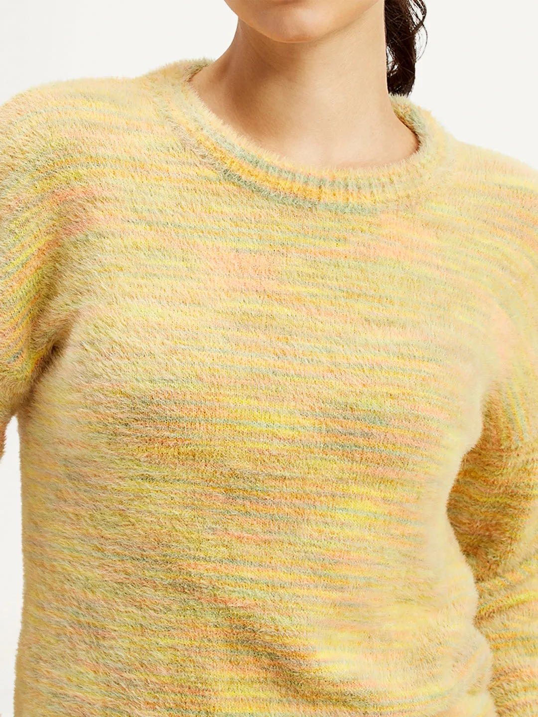 Women's Self Pattern Yellow Crew Neck Sweater